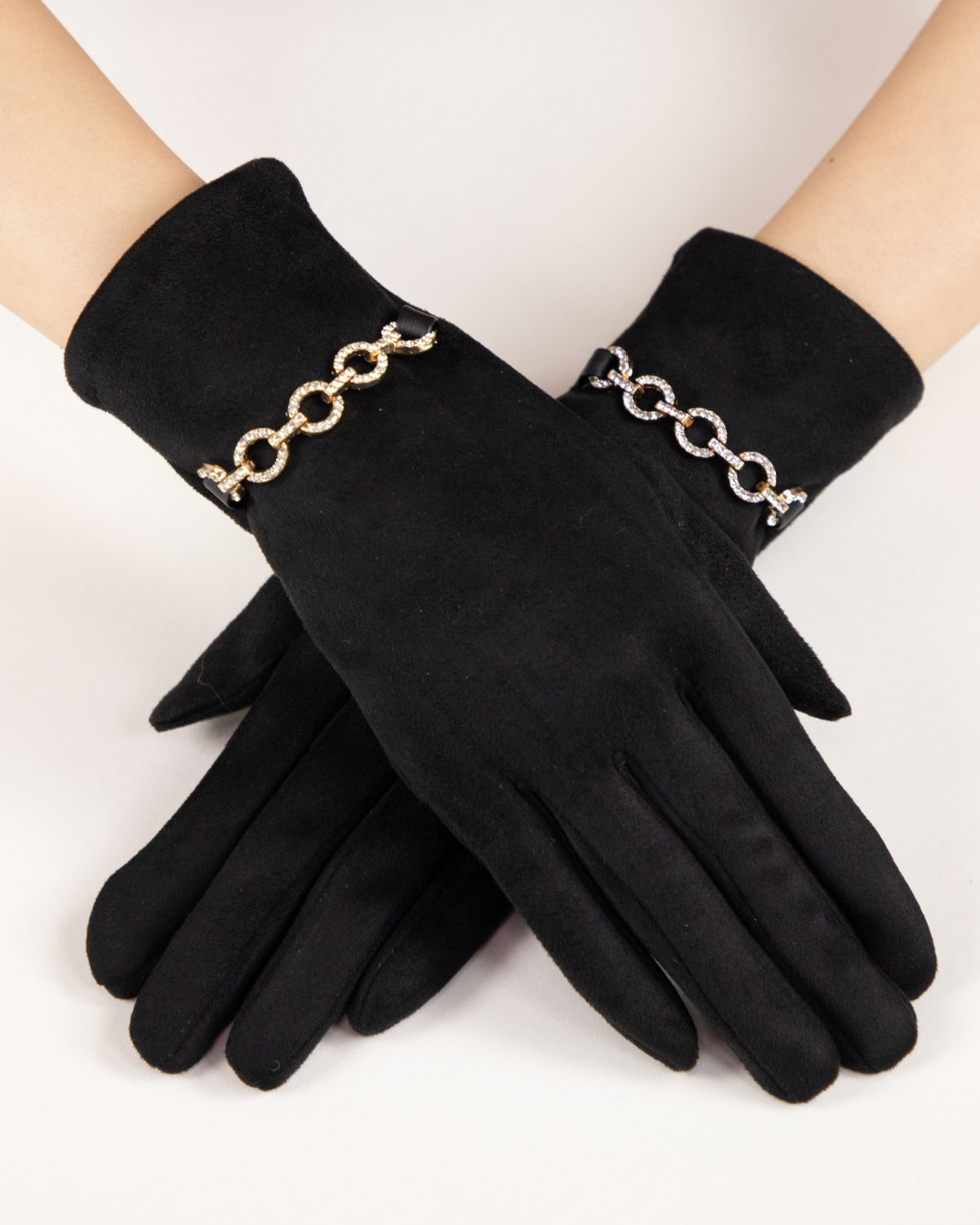 Rhinestone Chain Faux Suede Gloves Black