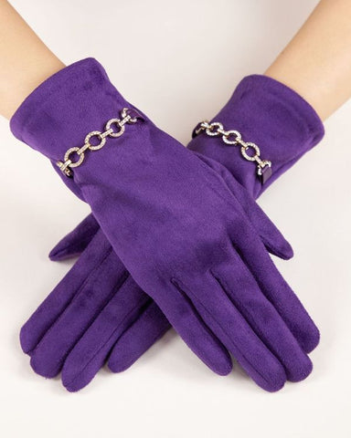 Rhinestone Chain Faux Suede Gloves Purpl