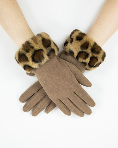 Camel Faux Fur Leopard Cuff Gloves