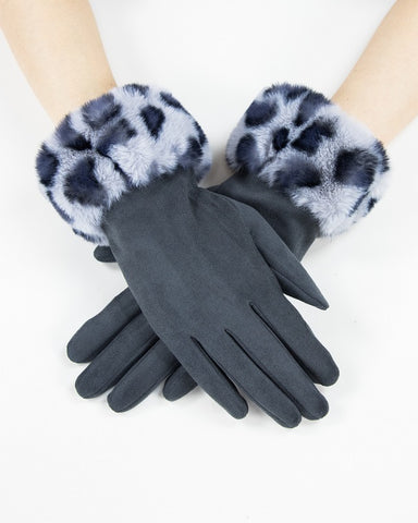 Grey Faux Fur Leopard Cuff Gloves