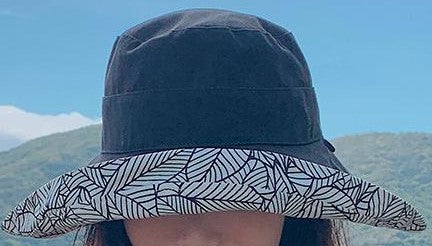 Black Leaf Print Wide Brim Reversible Sun Hat