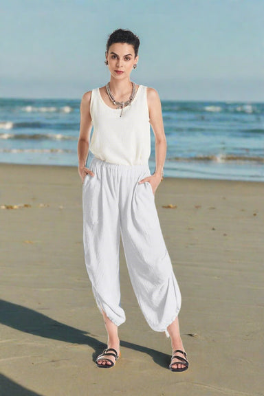 White Side Ruched Crop Pants