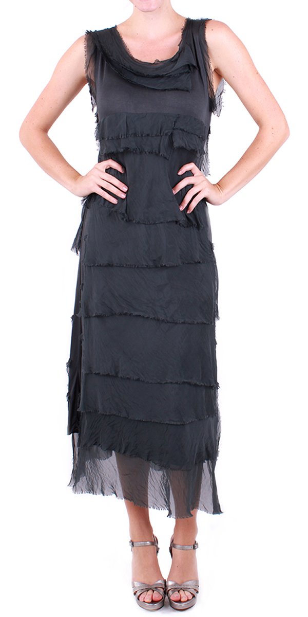 Black Long Silk Ruffle Dress
