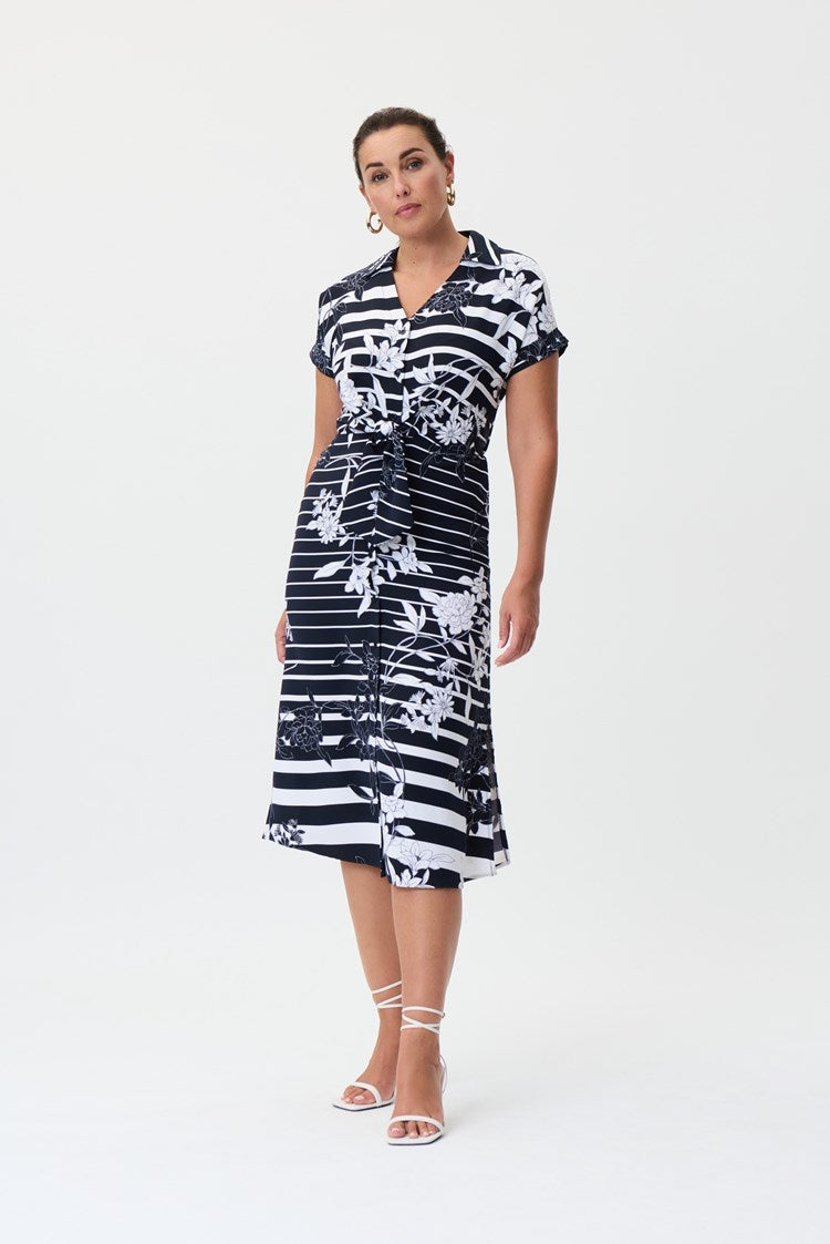Midnight Blue Woven Floral Dress With Stripes