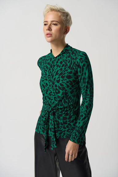 Green Animal Print Mock Collar Top