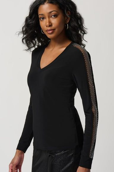 Silky Knit Top With Mesh & Rhinestones