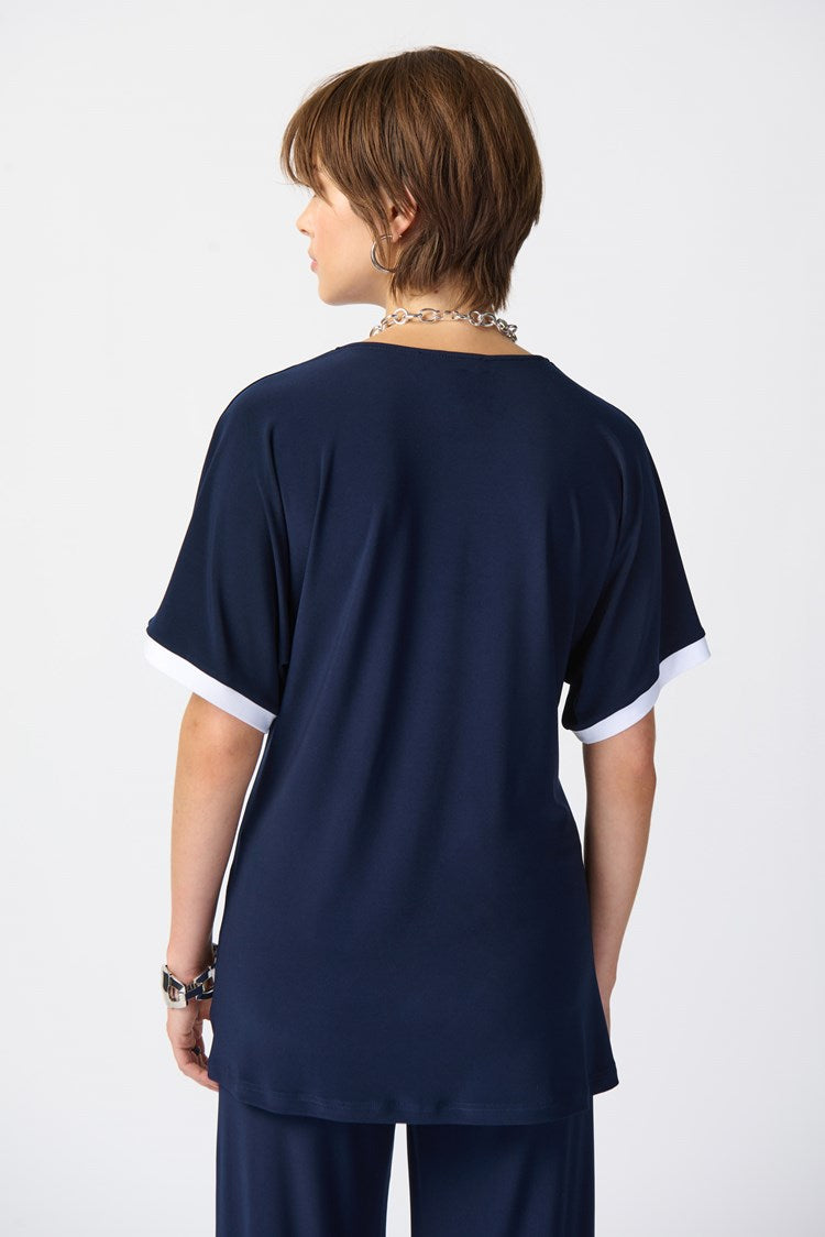 Navy & White Silky Knit Color Block Top