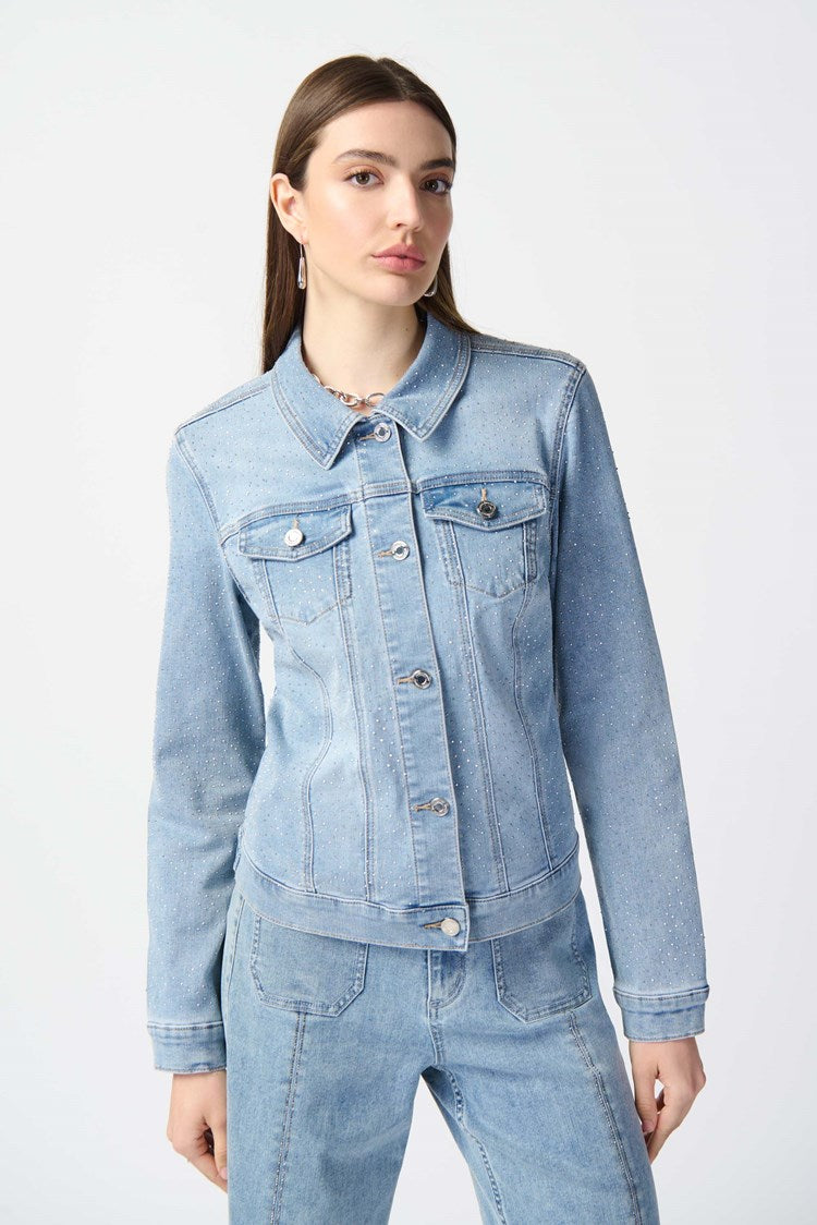 Fitted Denim Jacket With Allover Rhinestones