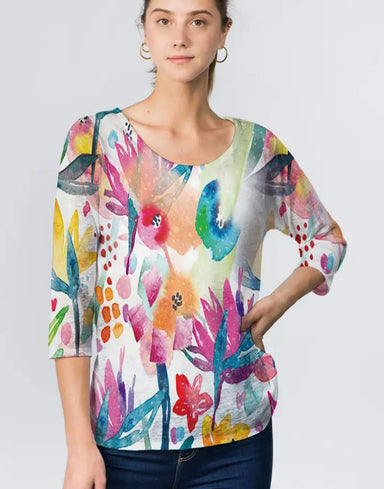 Bright Abstract Floral 3/4 Sleeve Top