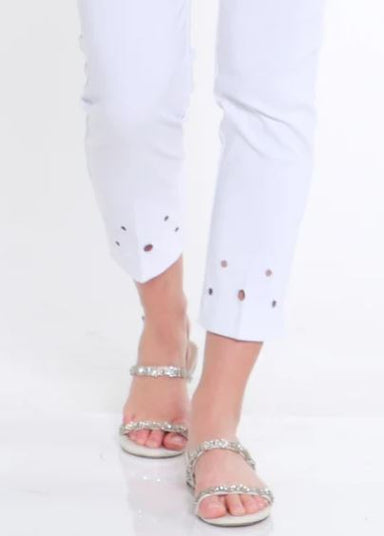 White Pull On Embroidered Hem Ankle Pant