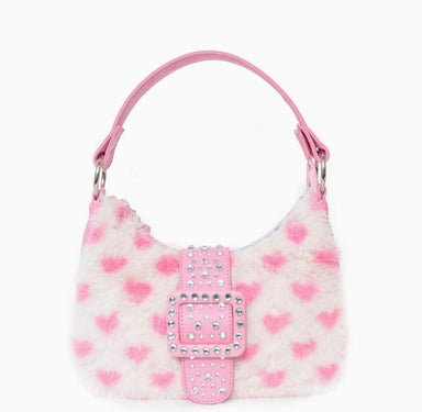 Plush Heart Print Pink Mini Hobo Bag