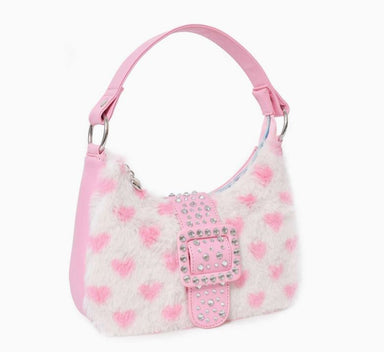 Plush Heart Print Pink Mini Hobo Bag